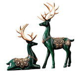 Maxbell 2Pcs Lover Deer Figurines Decors Reindeer Sculptures Xmas Elk Statues Green