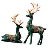 Maxbell 2Pcs Lover Deer Figurines Decors Reindeer Sculptures Xmas Elk Statues Green