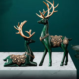 Maxbell 2Pcs Lover Deer Figurines Decors Reindeer Sculptures Xmas Elk Statues Green