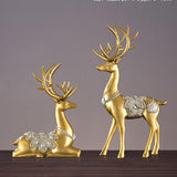 Maxbell 2Pcs Lover Deer Figurines Decors Reindeer Sculptures Xmas Elk Statues Gold