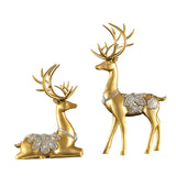 Maxbell 2Pcs Lover Deer Figurines Decors Reindeer Sculptures Xmas Elk Statues Gold