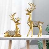 Maxbell 2Pcs Lover Deer Figurines Decors Reindeer Sculptures Xmas Elk Statues Gold