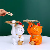 Maxbell Modern Cat Sculpture with Tray Crafts Home Decor Desk Sundries Storage Orange