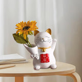 Maxbell Cat Holding Flower Statue Creative Vase for Home Decoration Yellow Flower