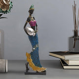 Maxbell Exotic African Figurine Sculpture Craft Tribal Lady Statue for Wine Cabinet Blue Dress