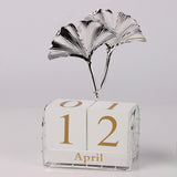 Maxbell Perpetual Calendar Date Display Exquisite for Decoration Table Top Ginkgo Leaf Silver