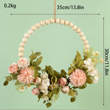 Maxbell Artificial Flower Wreath Garland Door Hanging Wooden Beads Hoop Decor Pink