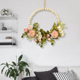 Maxbell Artificial Flower Wreath Garland Door Hanging Wooden Beads Hoop Decor Pink