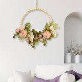 Maxbell Artificial Flower Wreath Garland Door Hanging Wooden Beads Hoop Decor Pink