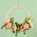 Maxbell Artificial Flower Wreath Garland Door Hanging Wooden Beads Hoop Decor Pink