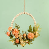 Maxbell Artificial Flower Wreath Garland Door Hanging Wooden Beads Hoop Decor Orange Yellow