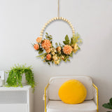 Maxbell Artificial Flower Wreath Garland Door Hanging Wooden Beads Hoop Decor Orange Yellow