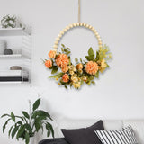 Maxbell Artificial Flower Wreath Garland Door Hanging Wooden Beads Hoop Decor Orange Yellow