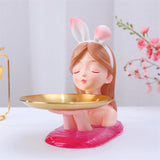 Maxbell Nordic Girl Figurine Storage Tray Statue Sculpture for Decoration Ornaments Pink