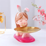 Maxbell Nordic Girl Figurine Storage Tray Statue Sculpture for Decoration Ornaments Pink