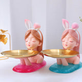 Maxbell Nordic Girl Figurine Storage Tray Statue Sculpture for Decoration Ornaments Pink