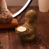 Maxbell Buddha Statue Monk Doll Zen Sculpture Candleholders Figurines for Home Bronze