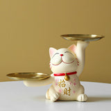 Maxbell Lucky Cat Desk Storage Tray Statue Multifunctional for Dining Room Decor Double Tray