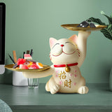 Maxbell Lucky Cat Desk Storage Tray Statue Multifunctional for Dining Room Decor Double Tray