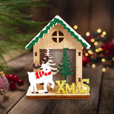 Maxbell Christmas Wooden Small House Ornament LED Lighted for Home Party New Year Christmas Elk