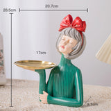 Maxbell Multi Purpose Girls Statue with Tray Figurine for Tabletop Cabinet Entryway Red Bow