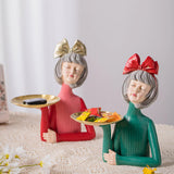 Maxbell Multi Purpose Girls Statue with Tray Figurine for Tabletop Cabinet Entryway Red Bow