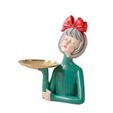 Maxbell Multi Purpose Girls Statue with Tray Figurine for Tabletop Cabinet Entryway Red Bow