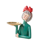 Maxbell Multi Purpose Girls Statue with Tray Figurine for Tabletop Cabinet Entryway Red Bow