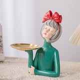 Maxbell Multi Purpose Girls Statue with Tray Figurine for Tabletop Cabinet Entryway Red Bow