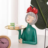Maxbell Multi Purpose Girls Statue with Tray Figurine for Tabletop Cabinet Entryway Red Bow