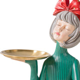 Maxbell Multi Purpose Girls Statue with Tray Figurine for Tabletop Cabinet Entryway Red Bow