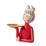 Maxbell Multi Purpose Girls Statue with Tray Figurine for Tabletop Cabinet Entryway Argent Bow