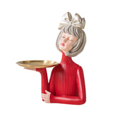 Maxbell Multi Purpose Girls Statue with Tray Figurine for Tabletop Cabinet Entryway Argent Bow