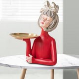 Maxbell Multi Purpose Girls Statue with Tray Figurine for Tabletop Cabinet Entryway Argent Bow