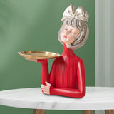 Maxbell Multi Purpose Girls Statue with Tray Figurine for Tabletop Cabinet Entryway Argent Bow