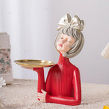Maxbell Multi Purpose Girls Statue with Tray Figurine for Tabletop Cabinet Entryway Argent Bow