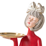 Maxbell Multi Purpose Girls Statue with Tray Figurine for Tabletop Cabinet Entryway Argent Bow