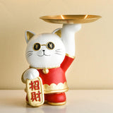 Maxbell Serving Tray Figurine Sculpture Jewelry Storage Cookie Resin Cat Statue Red