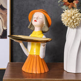 Maxbell Girl Resin Statue Box Figurine Sculptures Dish Desktop Storage Serving Tray Orange