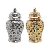 Maxbell Glossy Ceramic Hollow Out Ginger Jar Table Centerpiece for Home Decoration Argent