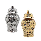 Maxbell Glossy Ceramic Hollow Out Ginger Jar Table Centerpiece for Home Decoration Argent