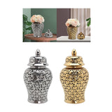 Maxbell Glossy Ceramic Hollow Out Ginger Jar Table Centerpiece for Home Decoration Argent