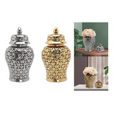 Maxbell Glossy Ceramic Hollow Out Ginger Jar Table Centerpiece for Home Decoration Argent