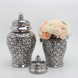 Maxbell Glossy Ceramic Hollow Out Ginger Jar Table Centerpiece for Home Decoration Argent
