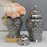 Maxbell Glossy Ceramic Hollow Out Ginger Jar Table Centerpiece for Home Decoration Argent