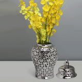 Maxbell Glossy Ceramic Hollow Out Ginger Jar Table Centerpiece for Home Decoration Argent