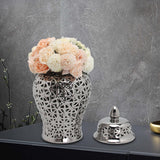 Maxbell Glossy Ceramic Hollow Out Ginger Jar Table Centerpiece for Home Decoration Argent