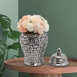 Maxbell Glossy Ceramic Hollow Out Ginger Jar Table Centerpiece for Home Decoration Argent