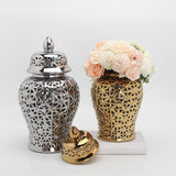 Maxbell Glossy Ceramic Hollow Out Ginger Jar Table Centerpiece for Home Decoration Aureate