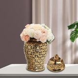 Maxbell Glossy Ceramic Hollow Out Ginger Jar Table Centerpiece for Home Decoration Aureate